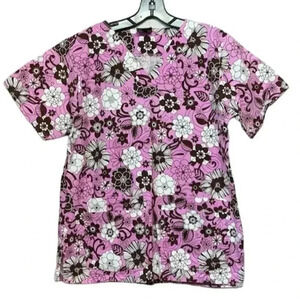 Cottonality Women's Floral Scrub Top Pink/Brown V-Neck Short Sleeve Workwear